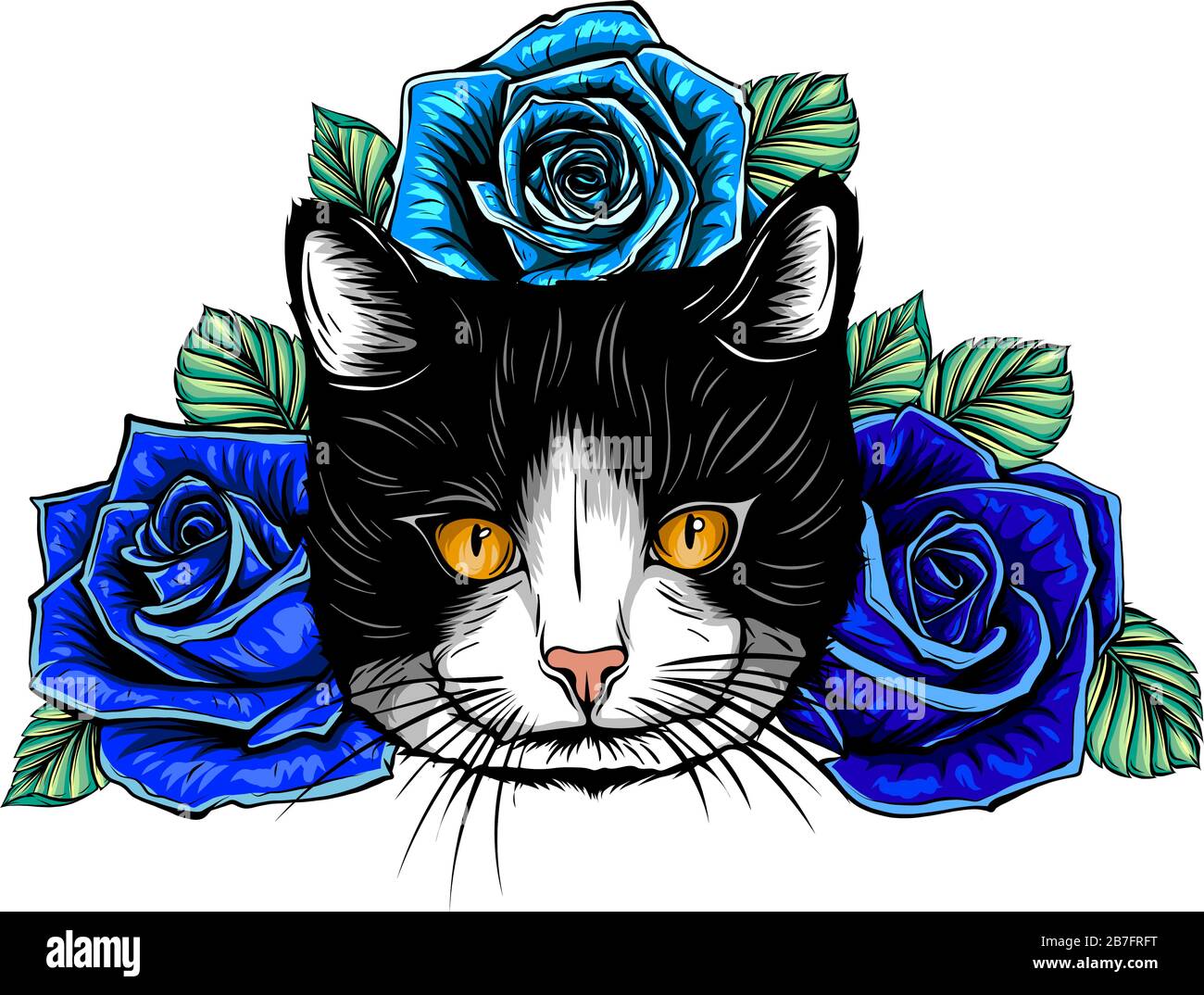 Ritratto disegnato a mano di gatto con corona floreale. Illustrazione Vettoriale