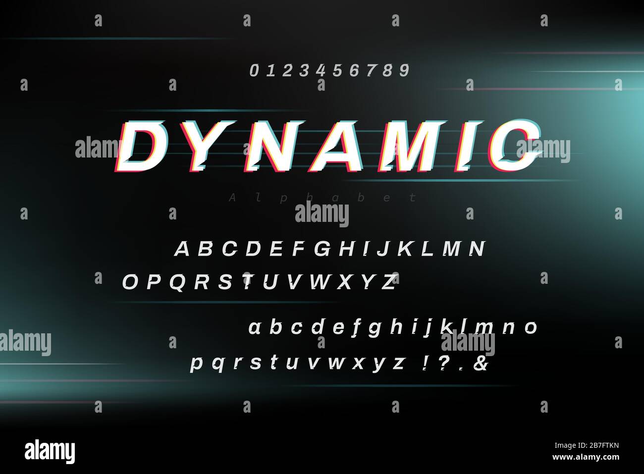 Set di caratteri alfabetici dinamici ad alta velocità con lettere minuscole e numeri maiuscoli Illustrazione Vettoriale