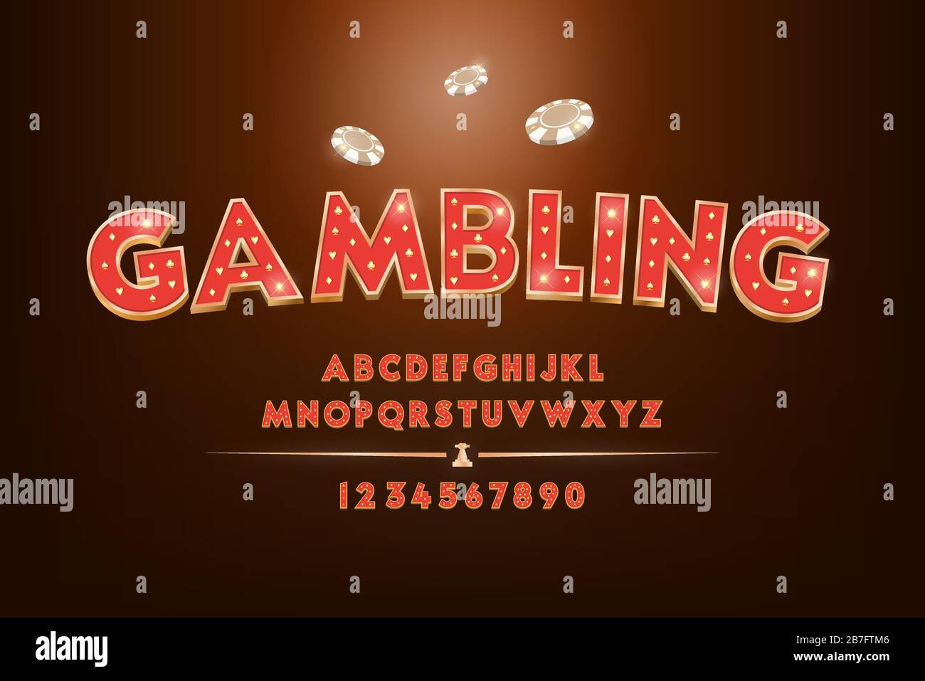 Set di caratteri alfabetici a tema Red Gambling e casinò con numeri Illustrazione Vettoriale