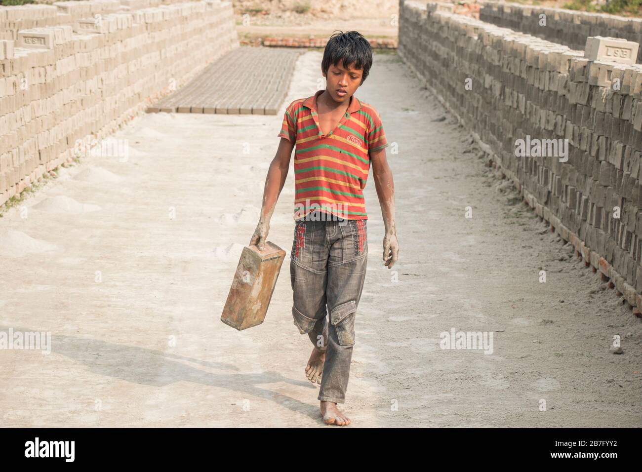 Un lavoro minorile del Bangladesh sta lavorando in un mattone archiviato sotto una giornata di sole. Anche se il lavoro minorile è limitato in questo settore, ma sta lavorando per il cibo. Foto Stock