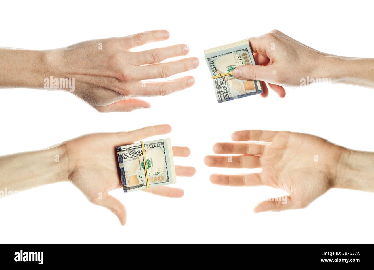 DOLLARI USA denaro contante in mani maschili isolato su sfondo bianco. Banconota da 100 dollari americani Foto Stock