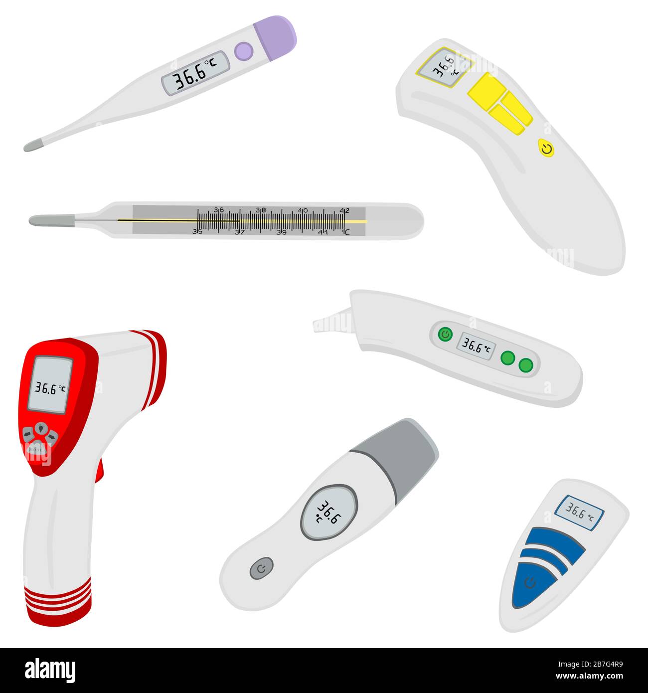 Illustrazione sul tema grande set di colori diversi tipi di termometri per ospedale. Termometro costituito da accessorio di raccolta con qualità c. Illustrazione Vettoriale