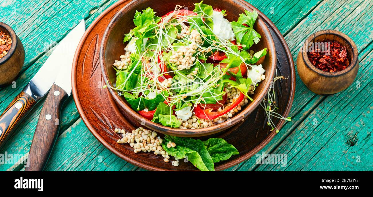 Insalata verde di verdure di grano saraceno con stocchi di sedano, verdure micro e spinaci su tavola di legno Foto Stock