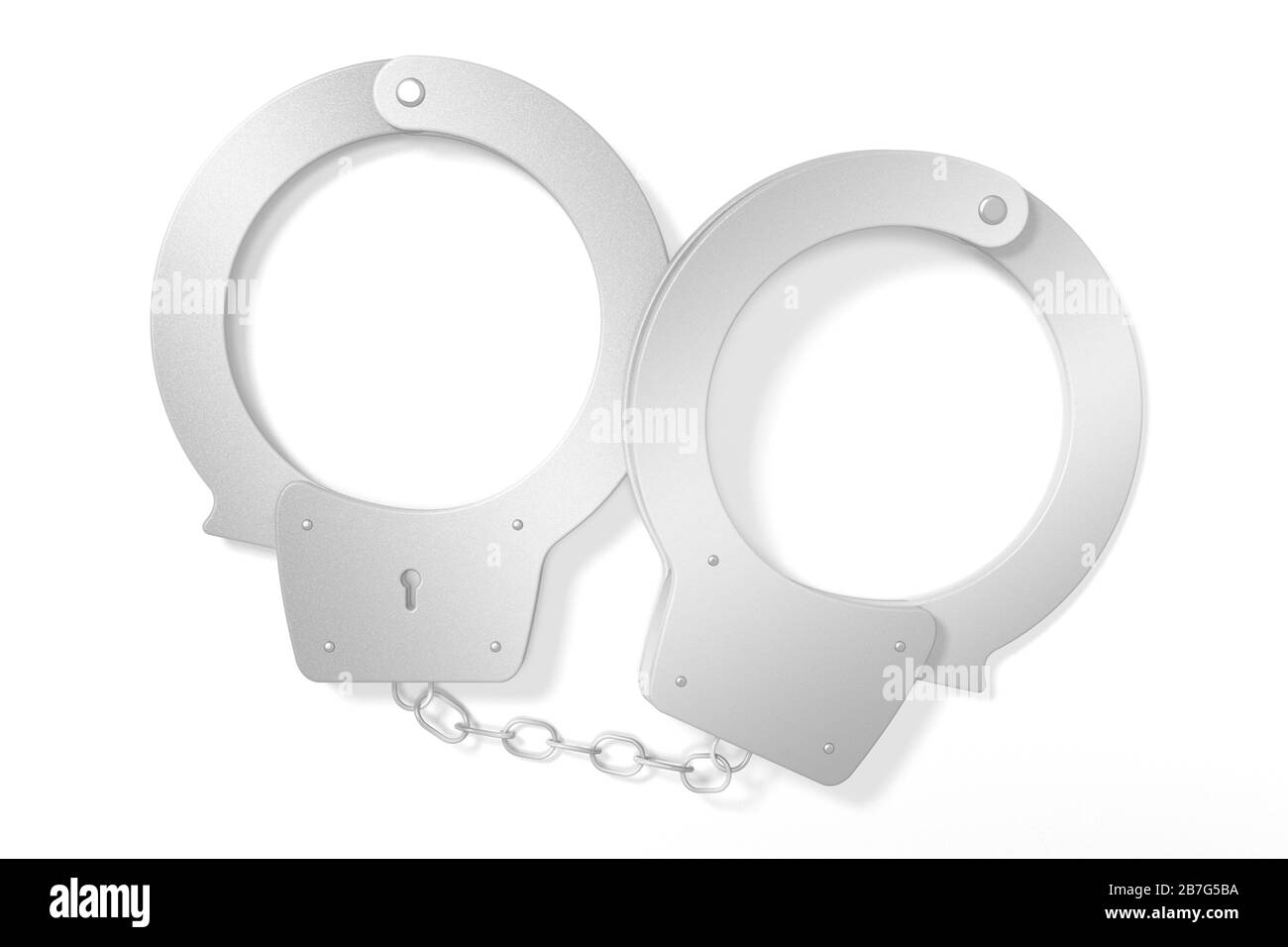 Legge 3D, concetto di crimine - manette isolate su sfondo bianco Foto Stock