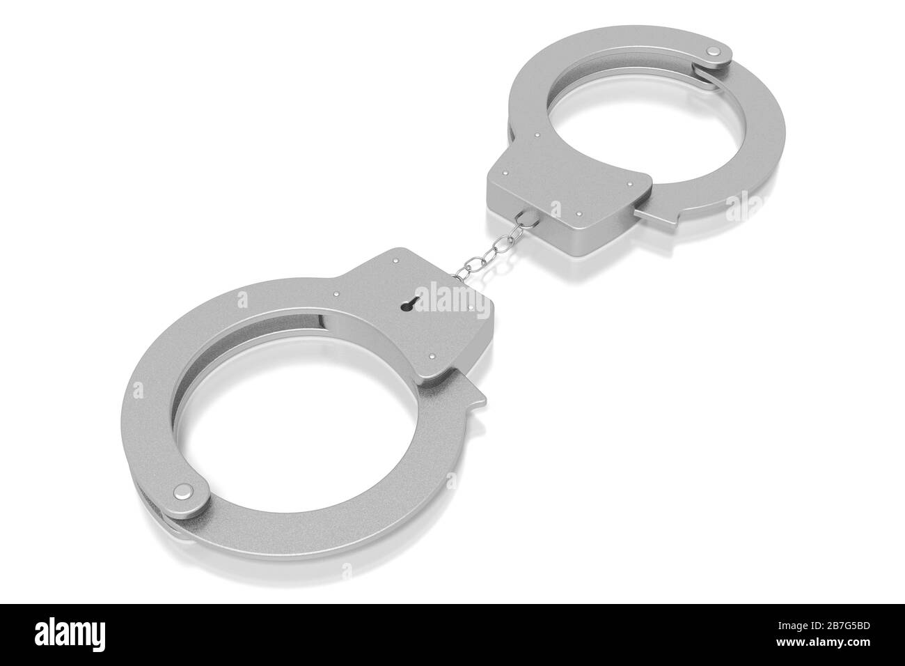 Legge 3D, concetto di crimine - manette isolate su sfondo bianco Foto Stock