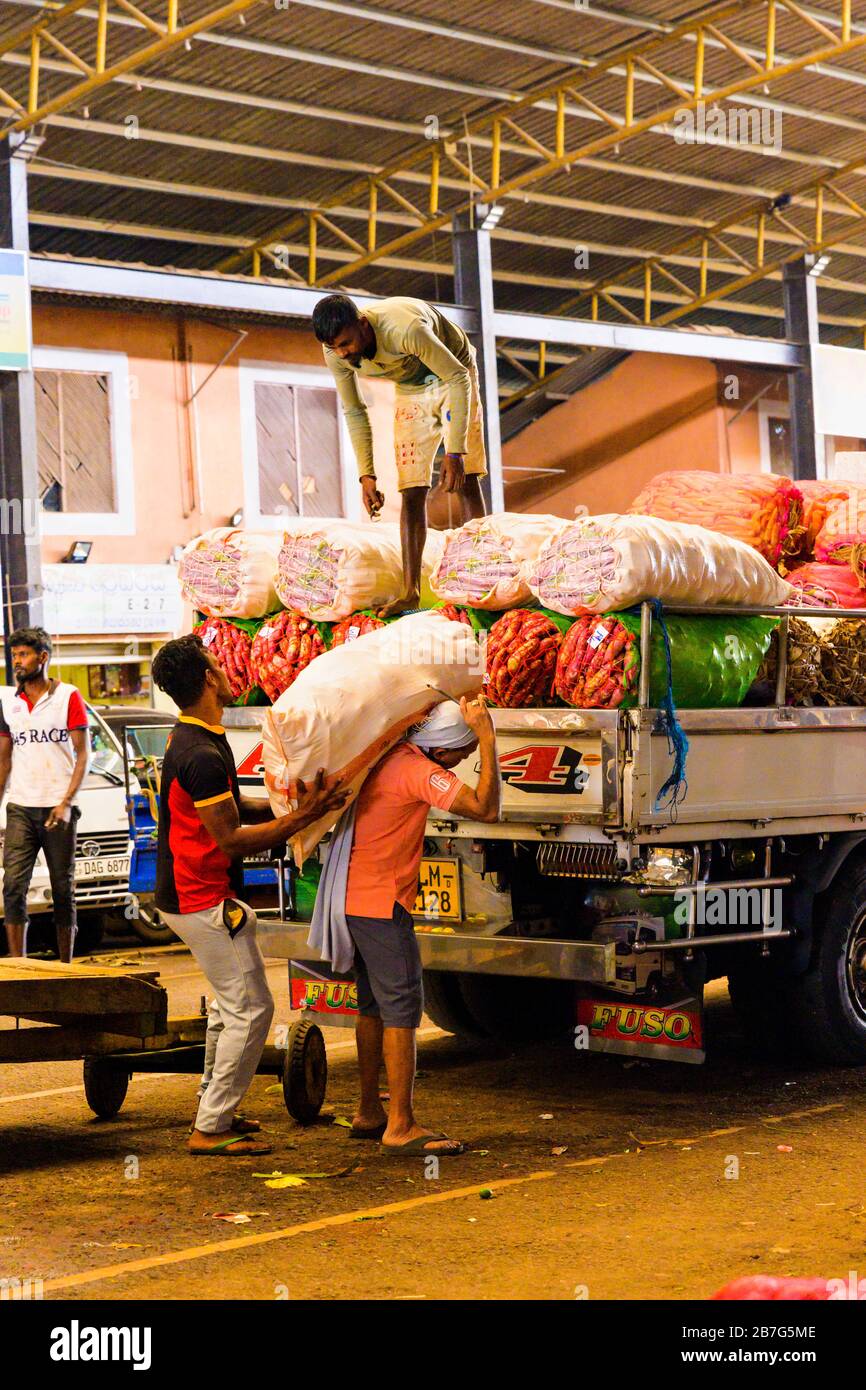 Sri Lanka Ceylon Dambulla Centro economico all'ingrosso mercato ortofrutticolo facchino carico camion flatback sacchi patate dolci Foto Stock