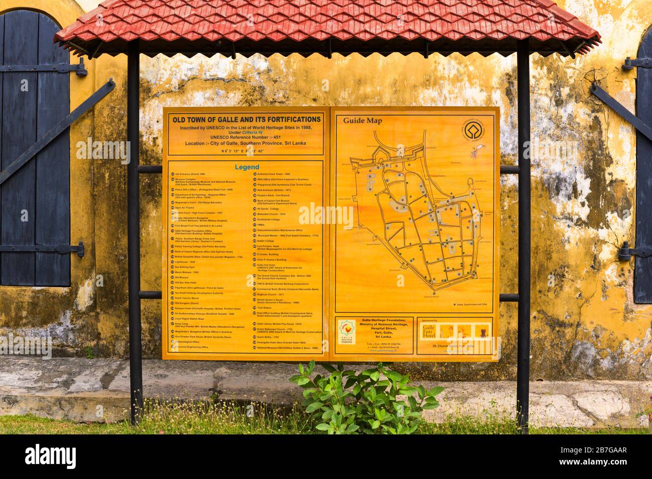 Sud Asia Sri Lanka Fort Galle centro coloniale antico porto porto porto mappa guida segno della città vecchia e fortificazioni Patrimonio dell'Umanità Sito muro della città Foto Stock
