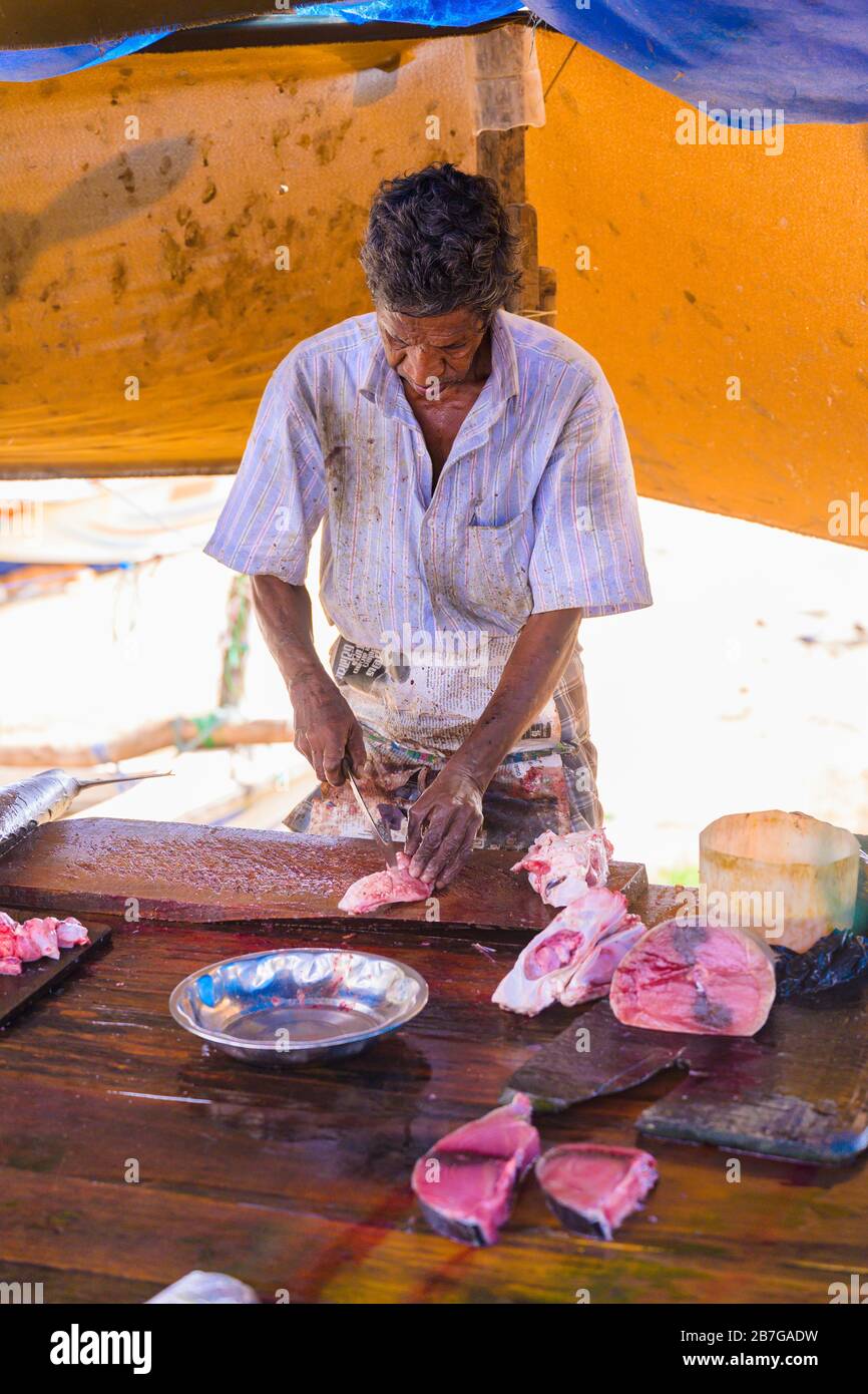 Sud Asia Sri Lanka Fort Galle città coloniale centro storico porto antico porto fresco pesce stallo ombrellone pescatore venditore pescatore pescatore machete Foto Stock