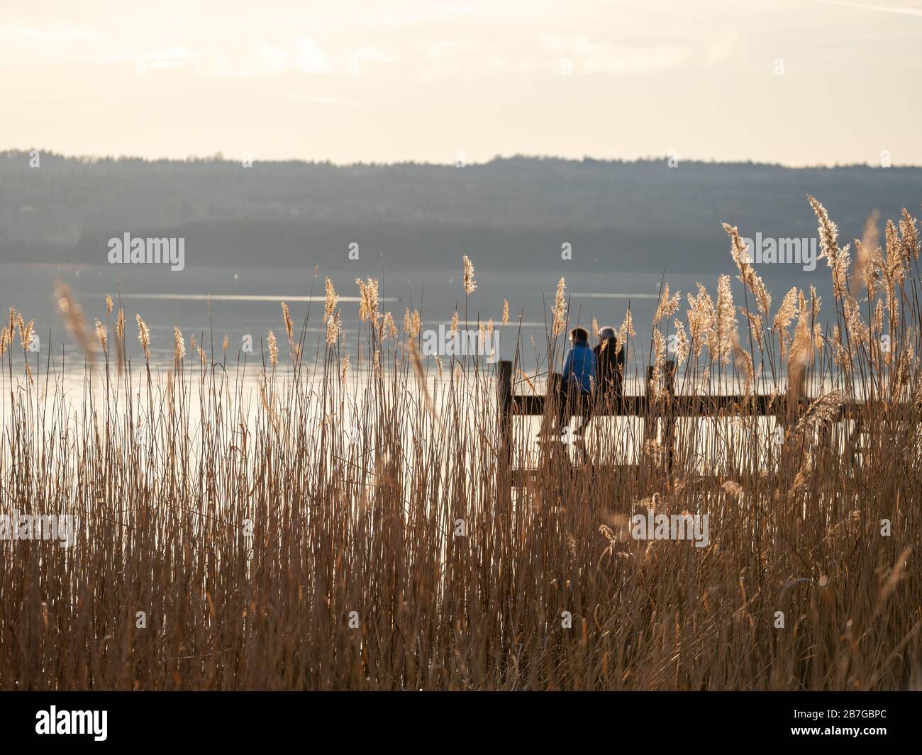 Vista posteriore della coppia seduta sul molo di legno al lago ammer in baviera con le alpi sullo sfondo Foto Stock