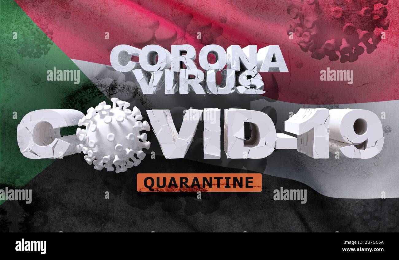 Malattia di coronavirus COVID-19 concetto di infezione su sventolare bandiera nazionale del Sudan. Rappresentazione 3D dettagliata e dettagliata. Foto Stock