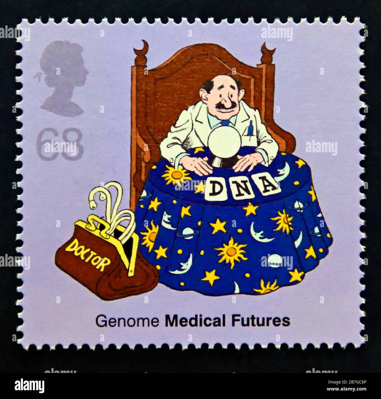 Francobollo. Gran Bretagna. Regina Elisabetta II. 50° anniversario della scoperta del DNA. Sfera di cristallo del genoma. 68p. 2003. Foto Stock