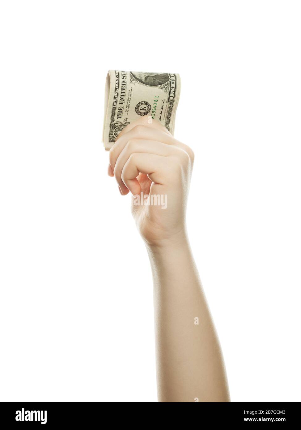 Mano che ci tiene dollari isolati su sfondo bianco Foto Stock