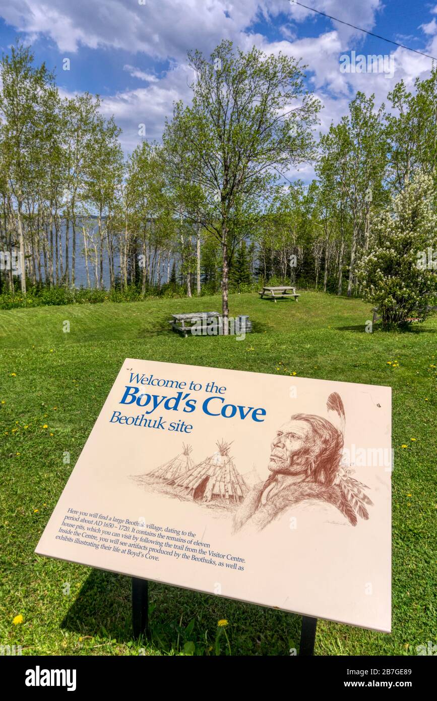 Cartello al Beothuk Interpretation Center Provincial Historic Site a Boyd's Cove, Terranova. Foto Stock