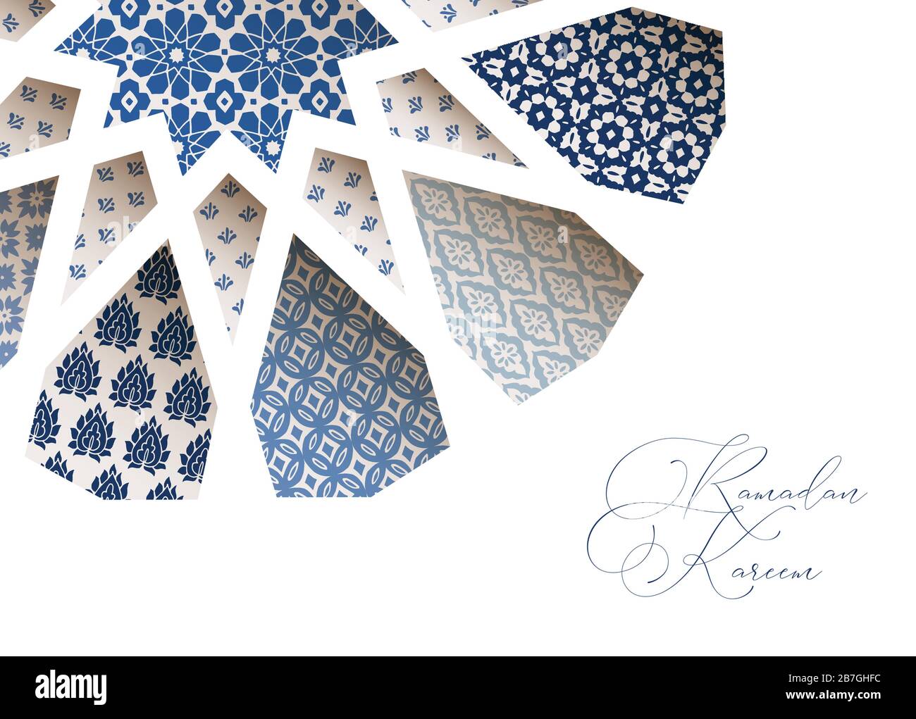 Primo piano di piastrelle di Morroccan ornamentali blu attraverso il disegno bianco di forma a stella araba. Biglietto d'auguri, invito per le vacanze musulmane Ramadan Kareem. Vettore Illustrazione Vettoriale