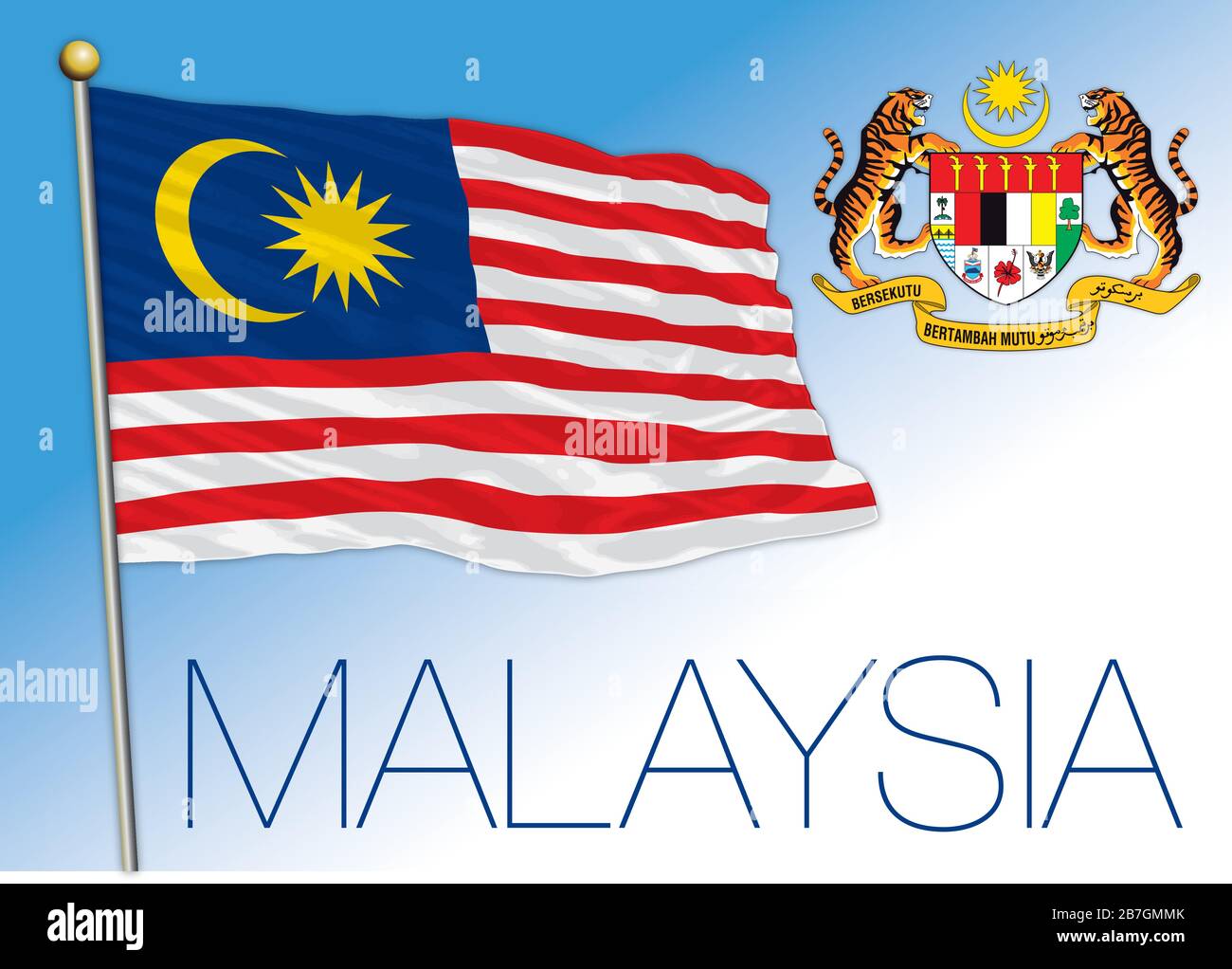 Bandiera nazionale e stemma ufficiale malese, paese asiatico, illustrazione vettoriale Illustrazione Vettoriale