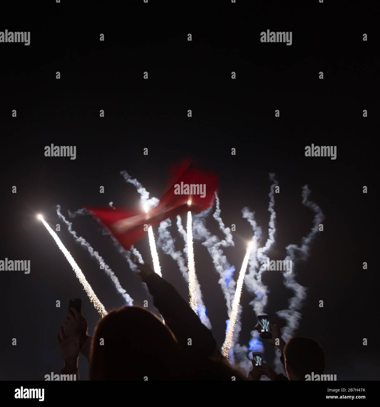 Fuochi d'artificio colorati sullo sfondo del cielo nero. Celebrazione. Foto Stock