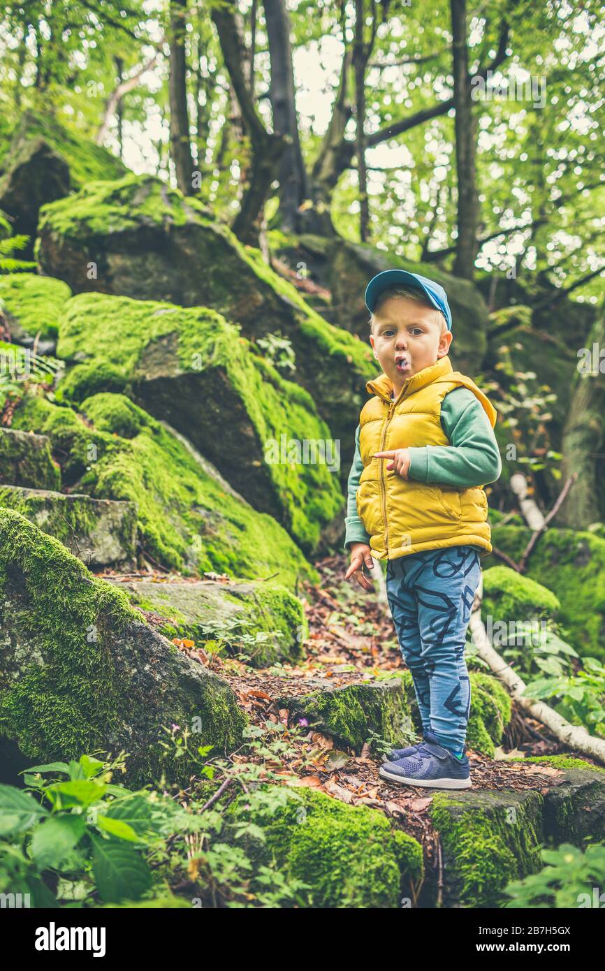 Escursioni in montagna per bambini piccoli, avventura in famiglia. Piccolo bambino che cammina nella foresta verde rocciosa, sorridente. Foto Stock