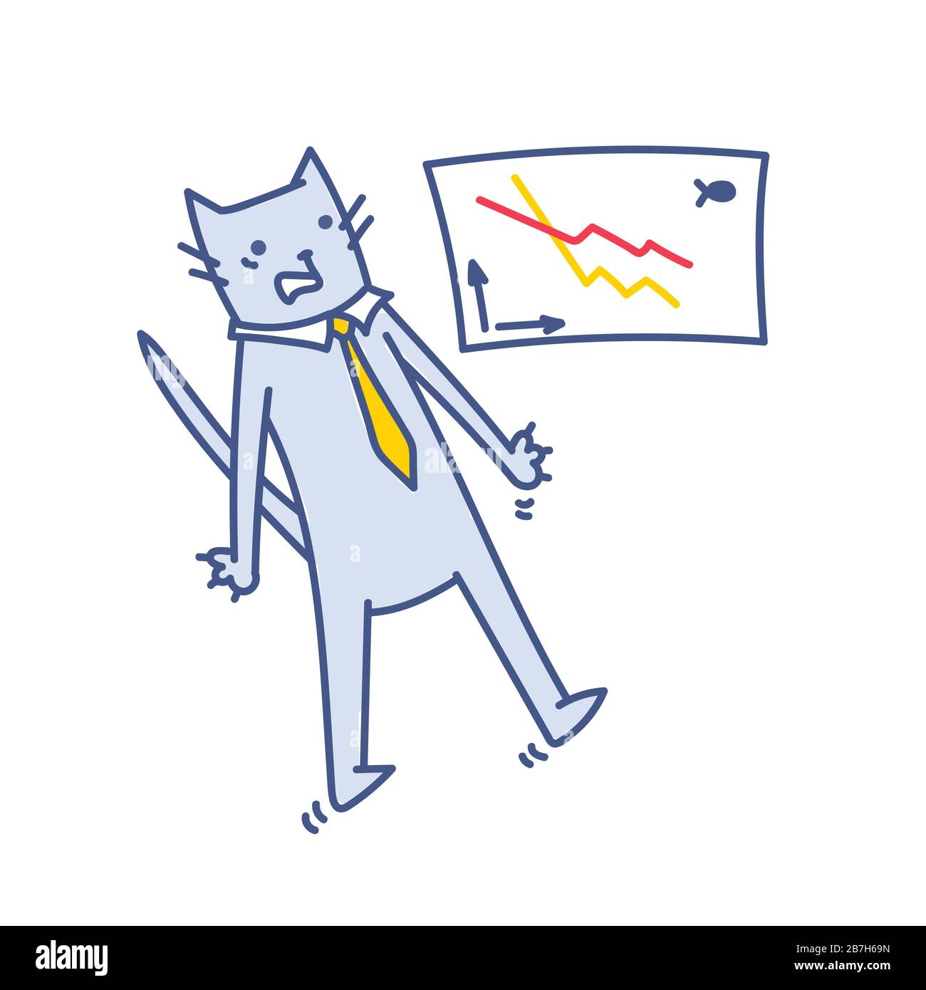 Illustrazione del vettore di presentazione di affari di fallimento. Cat businessman mostra le cadute sul grafico annuale delle vendite di pesce. Il gatto di affari spaventato mostra il rapporto annuale Illustrazione Vettoriale
