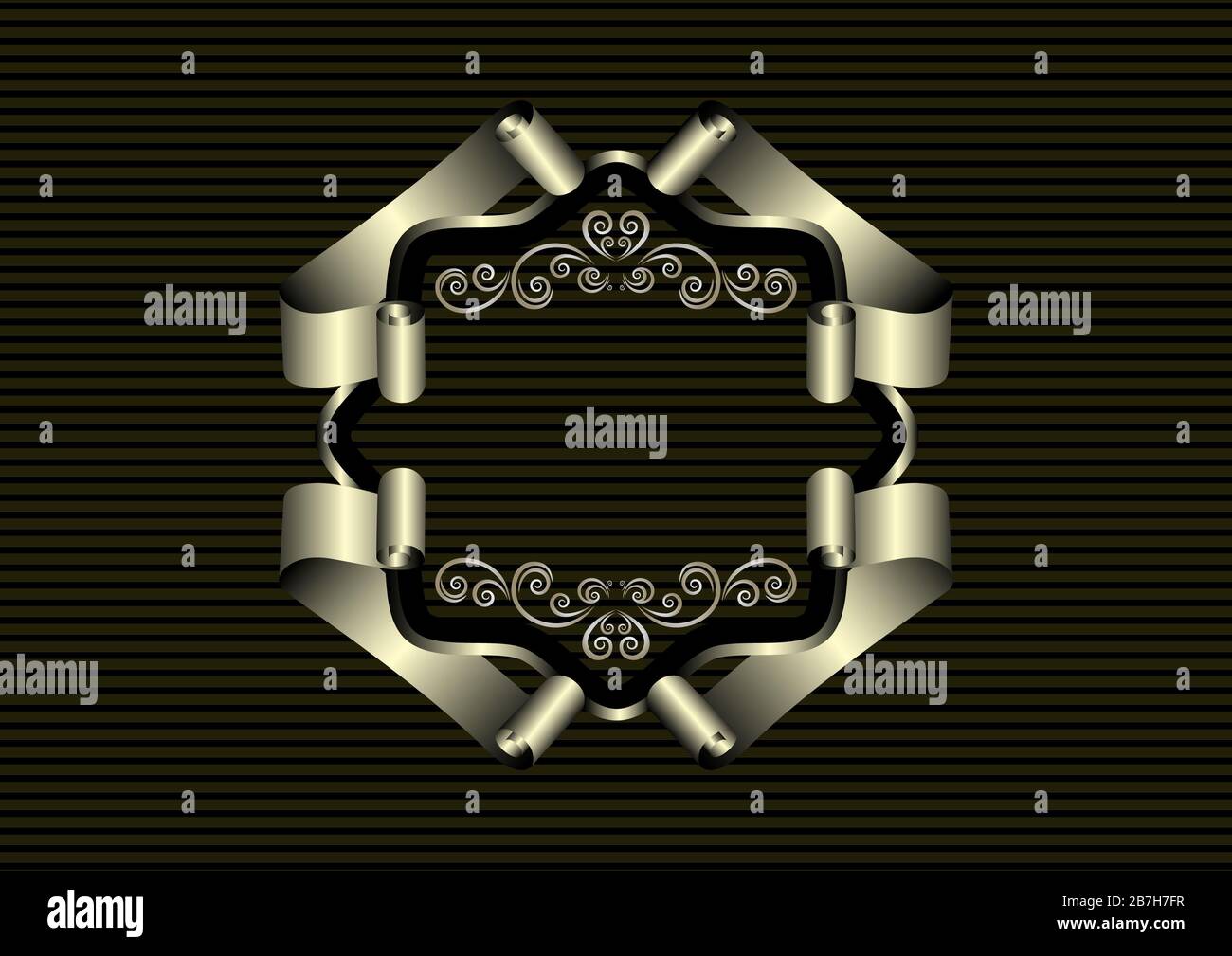 Originale telaio argento di rotearlo nastri con calligrafica ornamento in argento su di un nero lo sfondo a strisce Foto Stock
