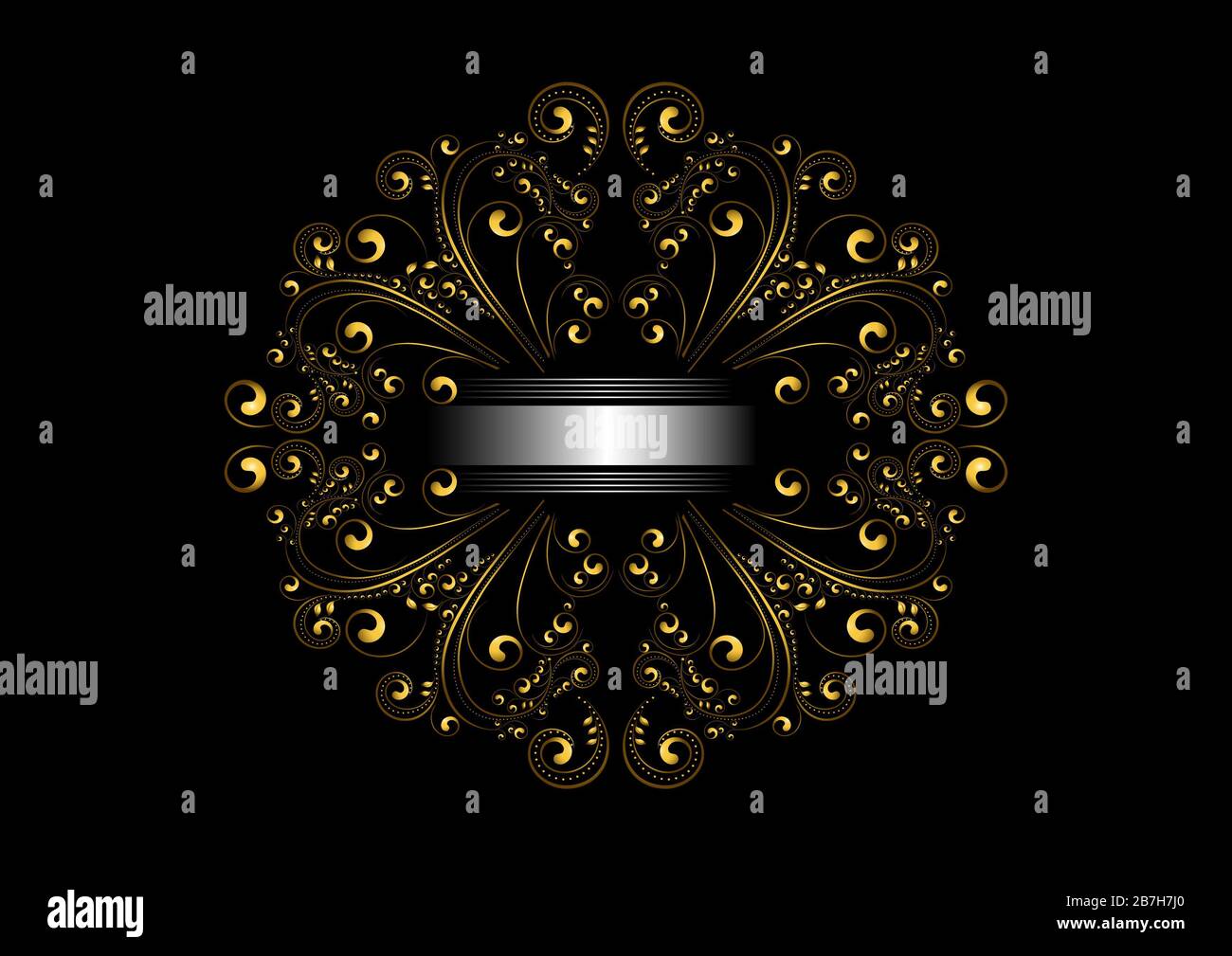 Oro telaio vintage di forma ovale ornamento con calligrafica dettagli arricciata e nastro argentato su sfondo nero Foto Stock