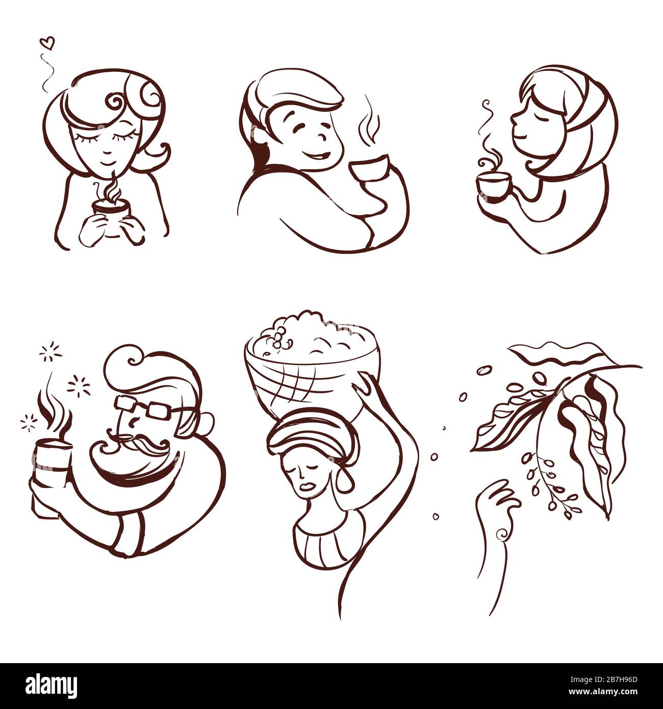 Set di personaggi vettoriali che amano il caffè. Gruppo di icone isolato su sfondo bianco. Illustrazione di persone che bevono caffè. F Illustrazione Vettoriale