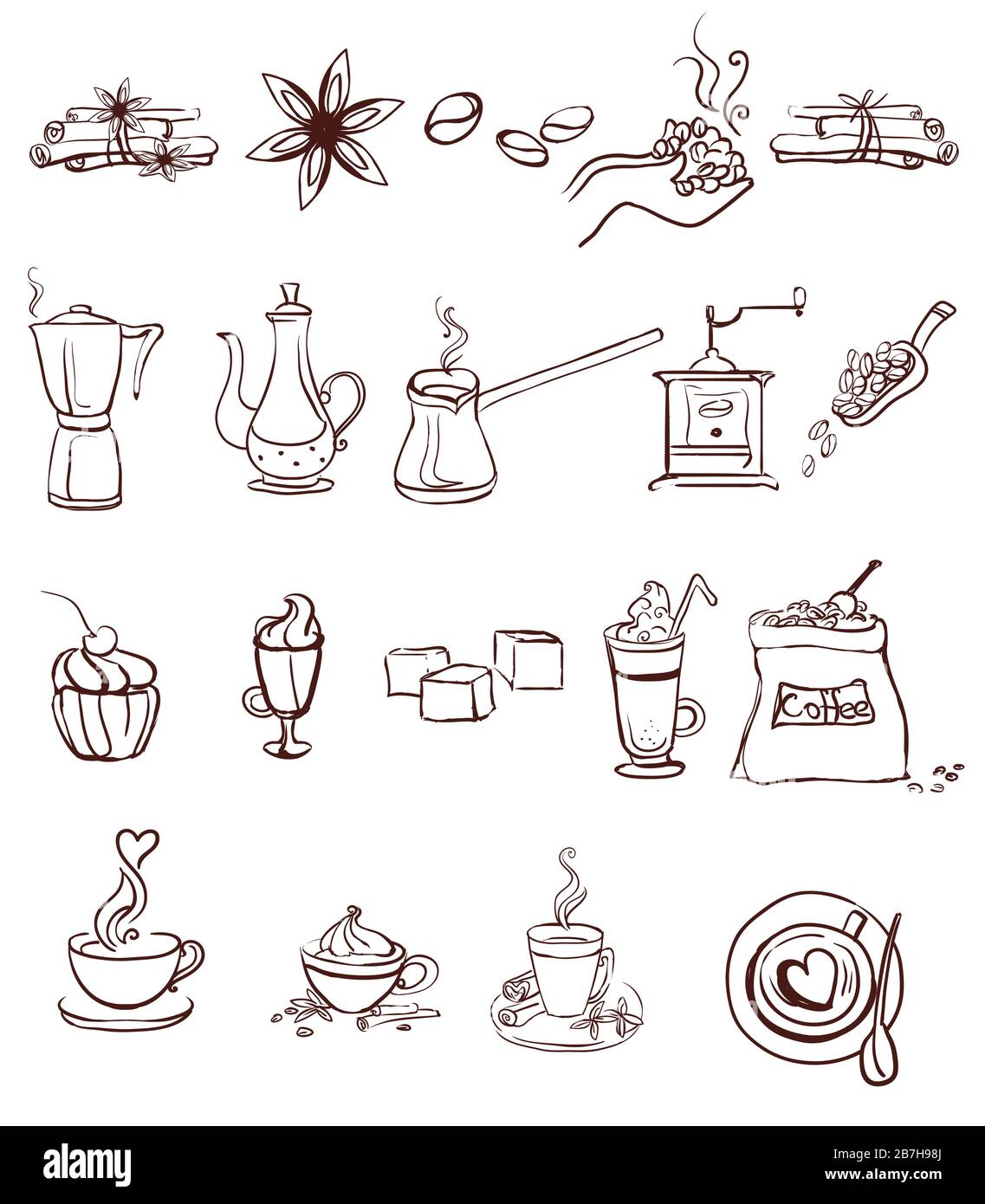 Set di icone di caffè vettoriali isolate su sfondo bianco. Disegno a mano doodle stile caffè illustrazione elementi per il tuo Buissness. Cibo e bevande con Illustrazione Vettoriale