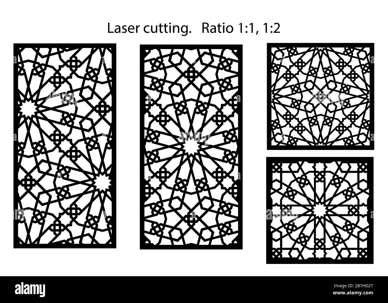 Set CNC di pannelli decorativi vettoriali per taglio laser. Illustrazione Vettoriale