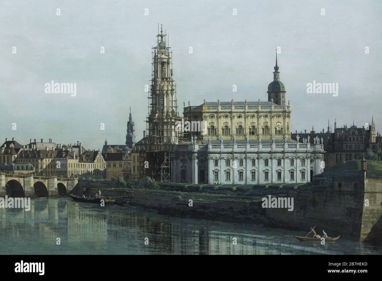 Cattedrale di Dresda (Katholische Hofkirche) in costruzione raffigurata nel dipinto "sresden from the Rive of the Elba, below the Augustus Bridge" del paesaggista italiano Bernardo Bellotto noto anche come Canaletto (1748). Foto Stock