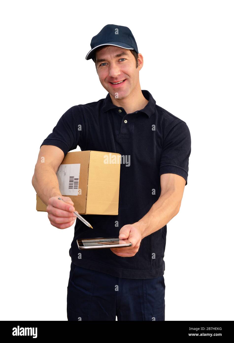Servizio di consegna a domicilio - fattorino a consegnare pacchi e spedizioni - isolato su sfondo bianco Foto Stock
