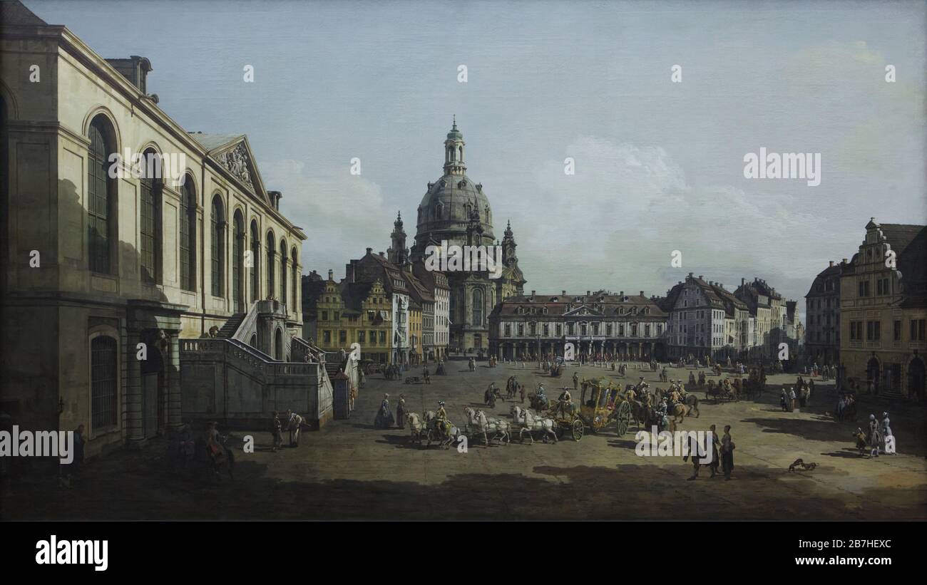 Dipinto "nuovo mercato (Neumarkt) a Dresda come visto dal Jüdenhof" del paesaggista italiano Bernardo Bellotto noto anche come Canaletto (1748-1749). La Frauenkirche di Dresda (Dresdner Frauenkirche) è raffigurata al centro. L'edificio Johanneum, oggi utilizzato come Museo dei Trasporti di Dresda (Verkehrsmuseum Dresden) è raffigurato sulla sinistra. Nella carrozza di stato disegnata da sei cavalli è raffigurato l'Elettore Friedrich Agosto II, noto anche come Re Augusto III di Polonia. Foto Stock
