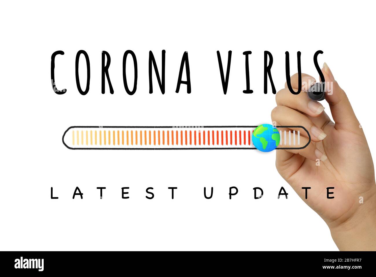 Corona Virus ultimo aggiornamento segno, scritto a mano con pennarello nero - Covid-19 Global Epidemic report banner con mondiale paese infezione progressi bar - Pandemic, quarantena e malattia concetto Foto Stock