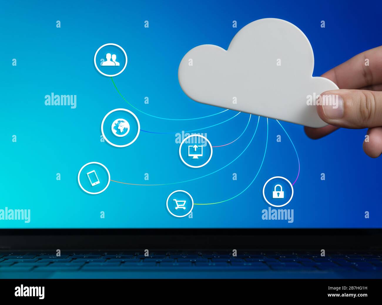 Concetto di tecnologia cloud computer, con particolare attenzione alla sicurezza, all'archiviazione dei dati digitali, all'accesso remoto degli utenti, agli acquisti online e alla condivisione di file su dispositivi mobili - infrastruttura di rete globale per il cyberspazio aziendale Foto Stock