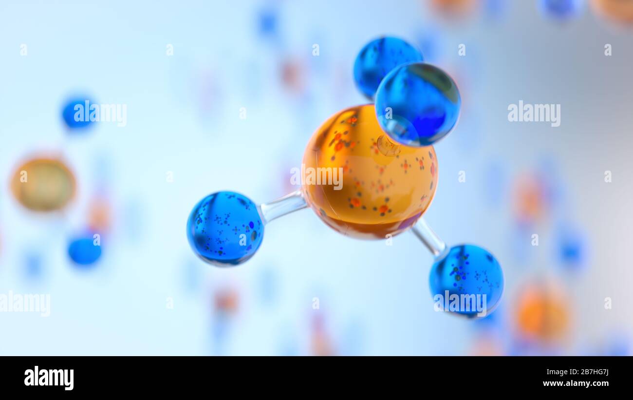 Micro visualizzazione del modello di molecola. Scienza o background medico con molecole e atomi. Rendering 3D Foto Stock