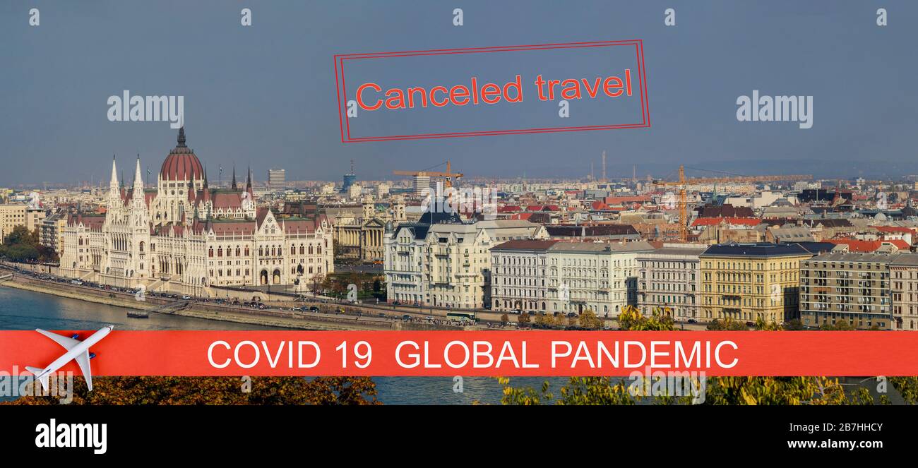 Viaggi annullati, pandemia mondiale di Budapest città, quarantena covid-19 capitale del Parlamento edificio dalla collina di Gellert a Budapest, Ungheria Foto Stock