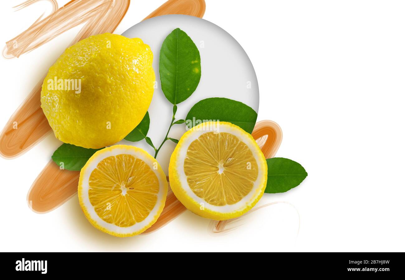 Frutta fresca al limone con fondo isolato in foglia Foto Stock