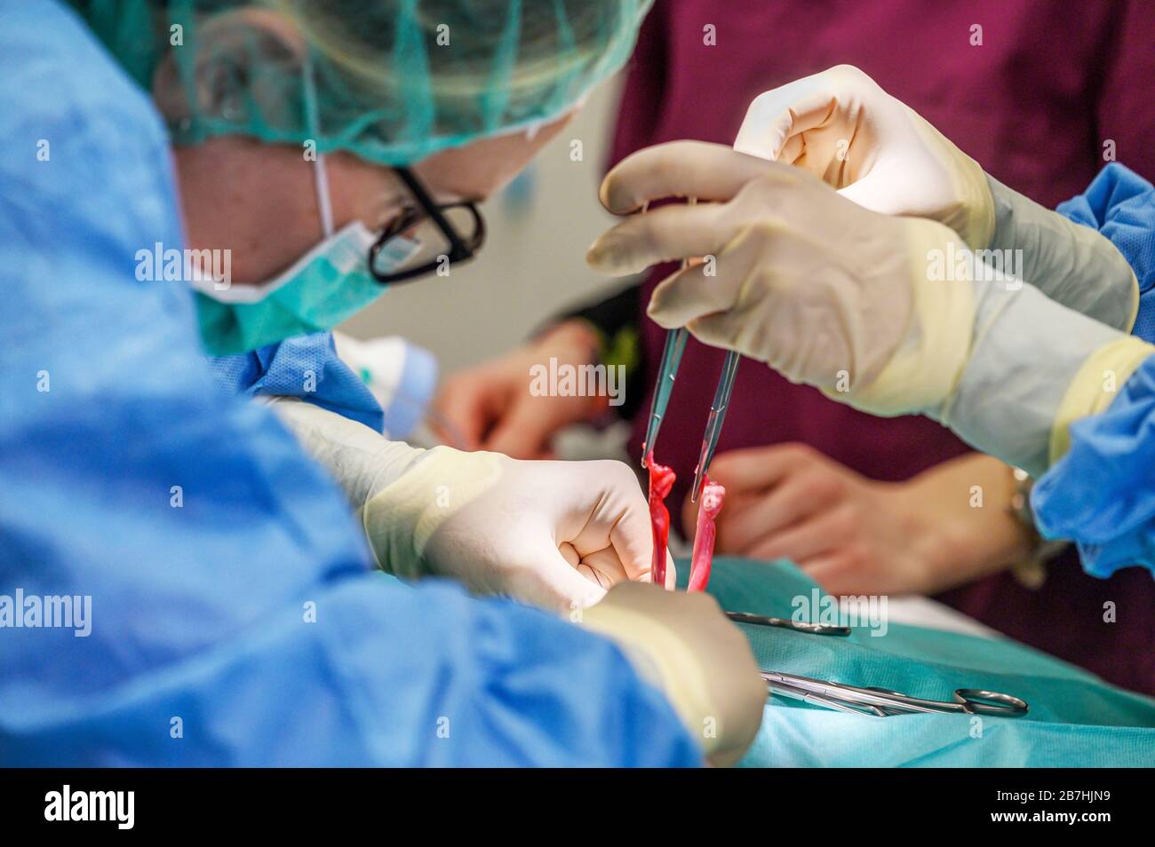 Chirurgo femminile in sala operatoria, in funzione di un paziente . Foto Stock
