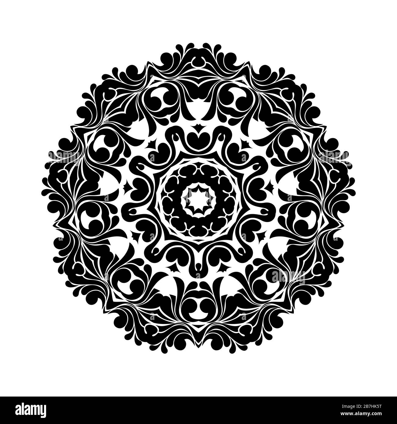 Mandala rotonda nera su sfondo bianco isolato. Ornamento decorativo in stile etnico orientale. Perfetto per qualsiasi design, compleanno, vacanza, kaleidoscop Foto Stock