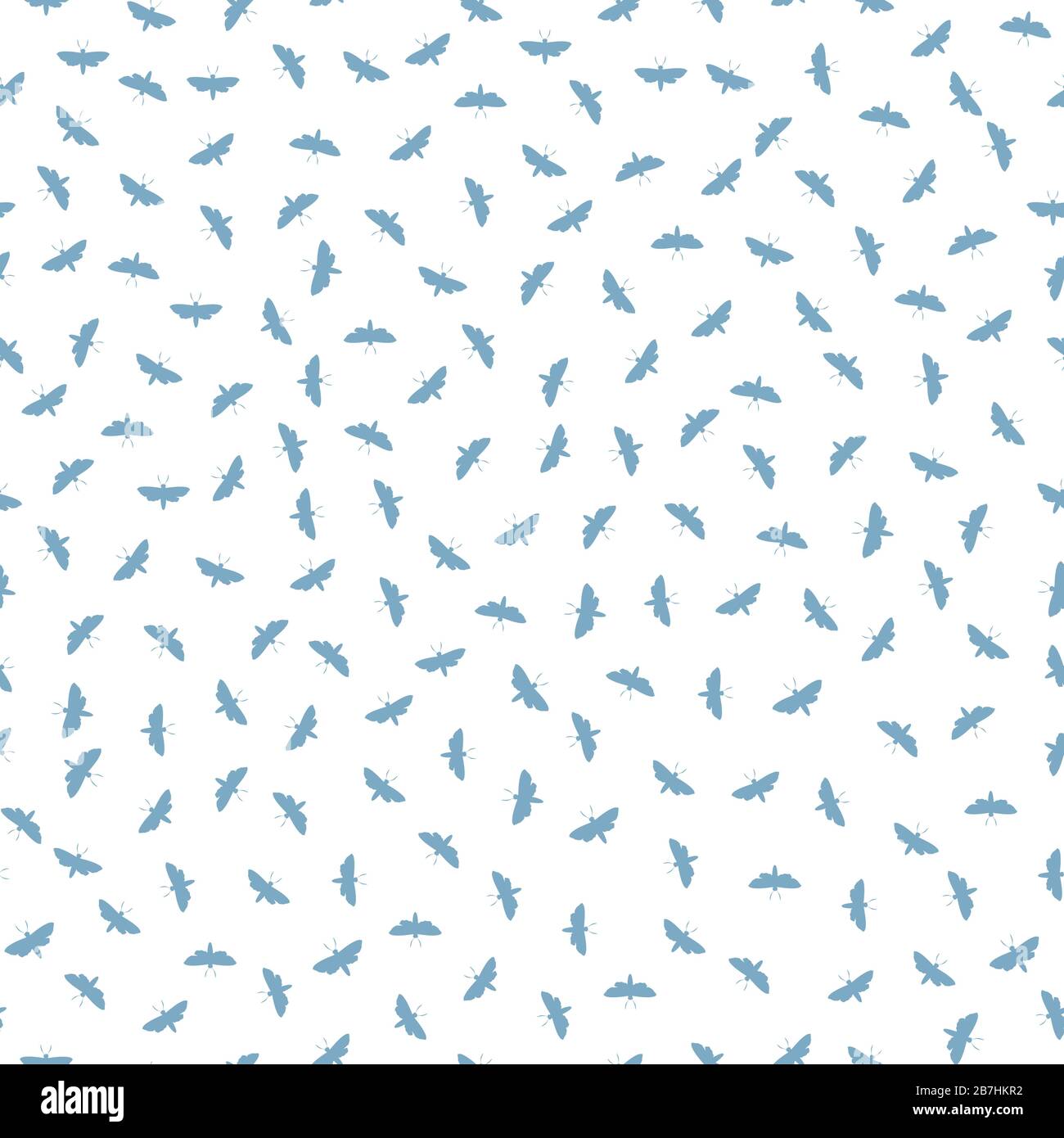 Sfondo del pattern vettoriale senza giunture Ditsy Butterfly. Illustrazione della mota di volo di giorno. Insetti costieri scozzesi ripetono sfondo bianco blu. Stampa completa Illustrazione Vettoriale