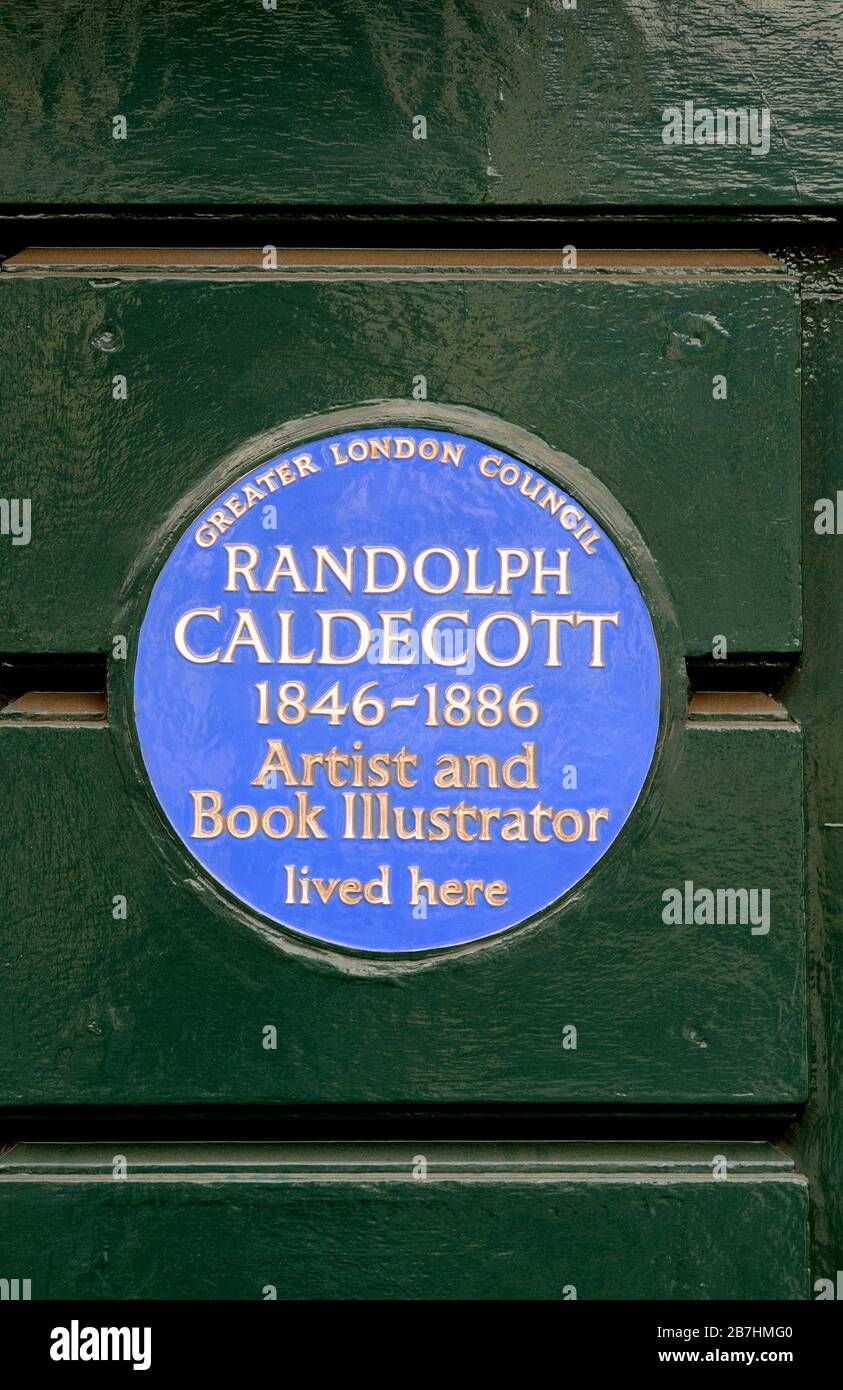 Londra, Inghilterra, Regno Unito. Targa blu commemorativa al 46 Great Russell Street, Bloomsbury. 'RANDOLPH CALDECOTT 1846-1886 artista e libro Illustrator vissuto Foto Stock