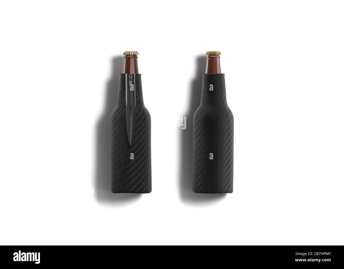Boozie nero nero pieghevole bottiglia di birra mockup, anteriore e posteriore Foto Stock