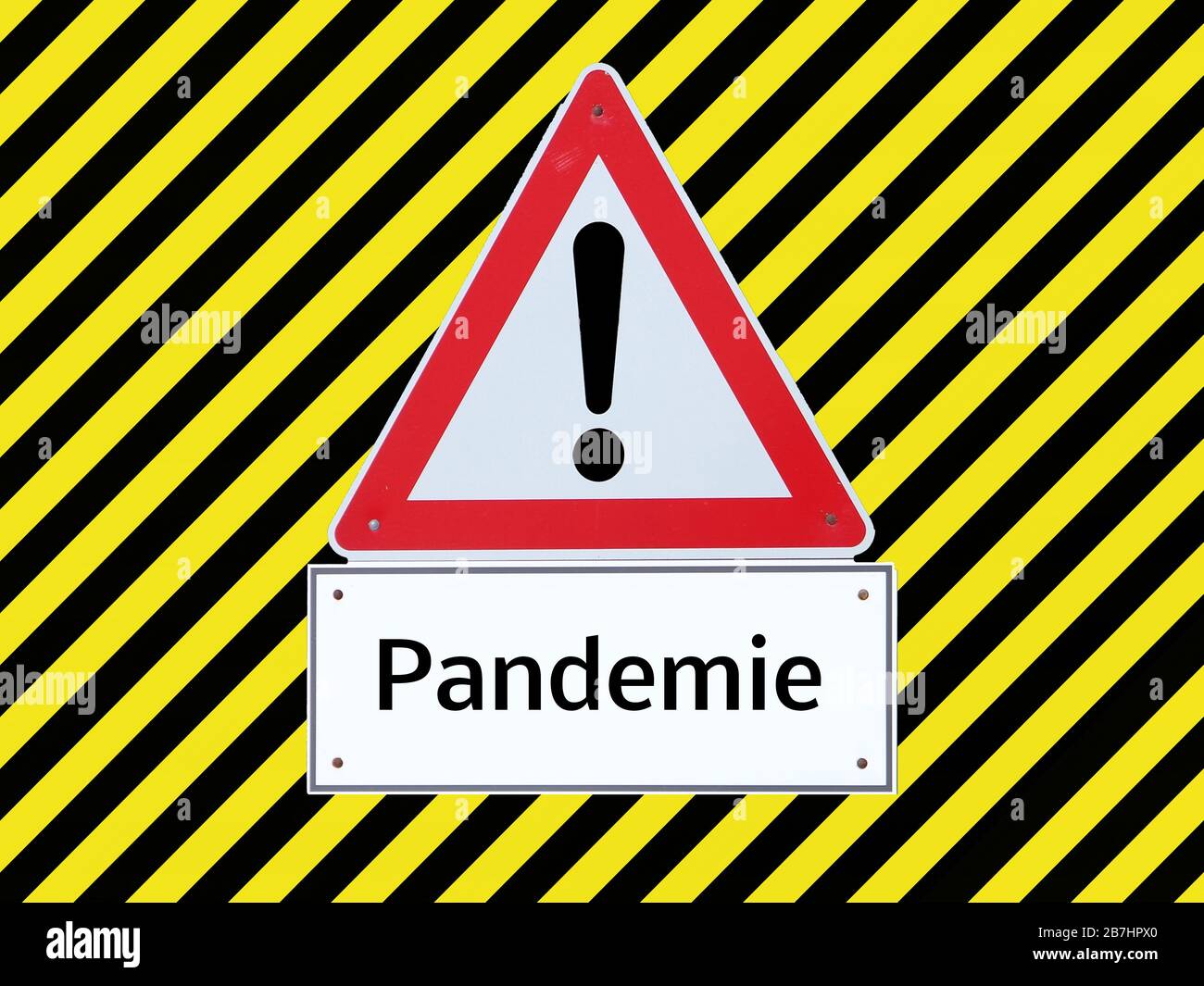 Segnale di avvertimento giallo pandemico strisce di fondo nero Foto Stock