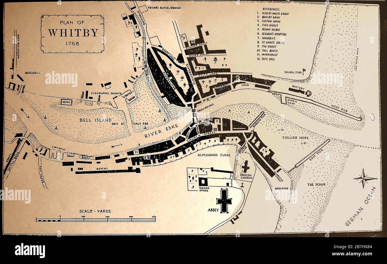 Whitby, North Yorkshire, vecchia mappa di Whitby North Yorkshire nel 1768 Foto Stock