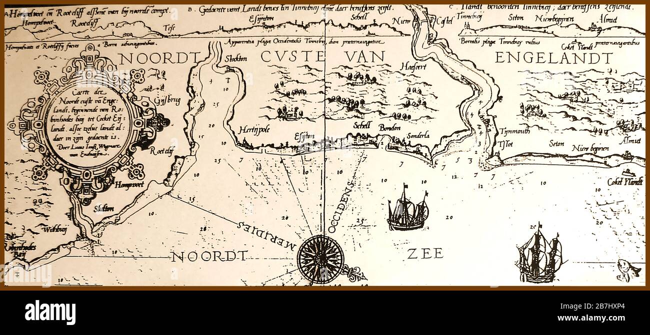 1584 - la prima mappa conosciuta che mostra la costa nord-orientale dell'Inghilterra da Robin Hoods Bay (a sinistra) a Coquet Island. Molti nomi di luoghi hanno diverse ortografie o sono difficili da posizionare con le loro controparti moderne Foto Stock