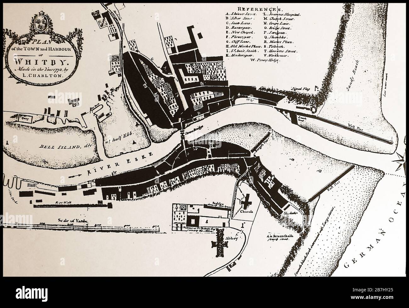 Whitby, North Yorkshire, nel 1778 . Una vecchia mappa disegnata da Lionel Charlton che mostra la città e il porto come era in quel periodo. Foto Stock