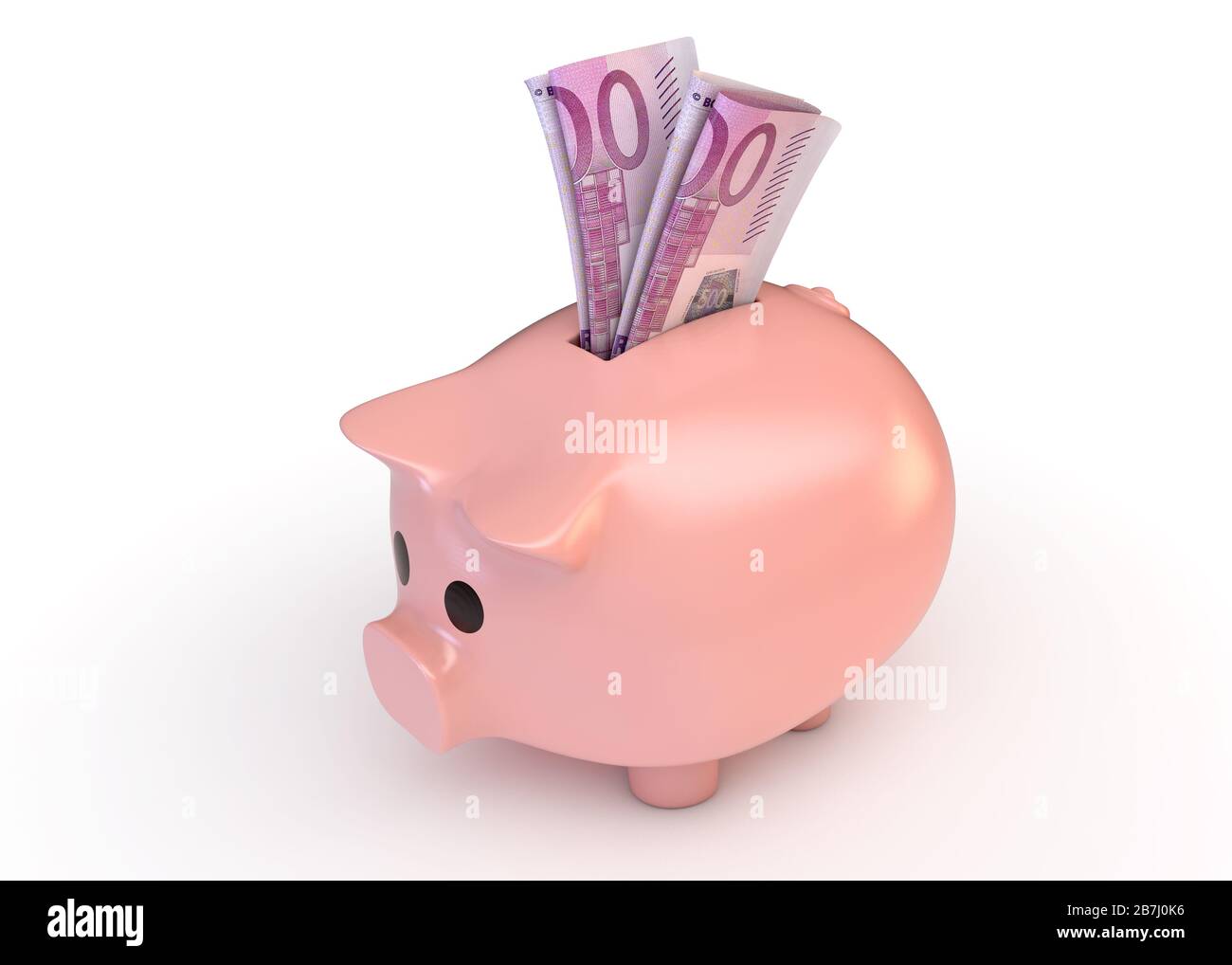 Una banca rosa piggy con una coppia arrotolata di banconote in euro inserite in esso su un isolato sfondo bianco studio - 3D render Foto Stock