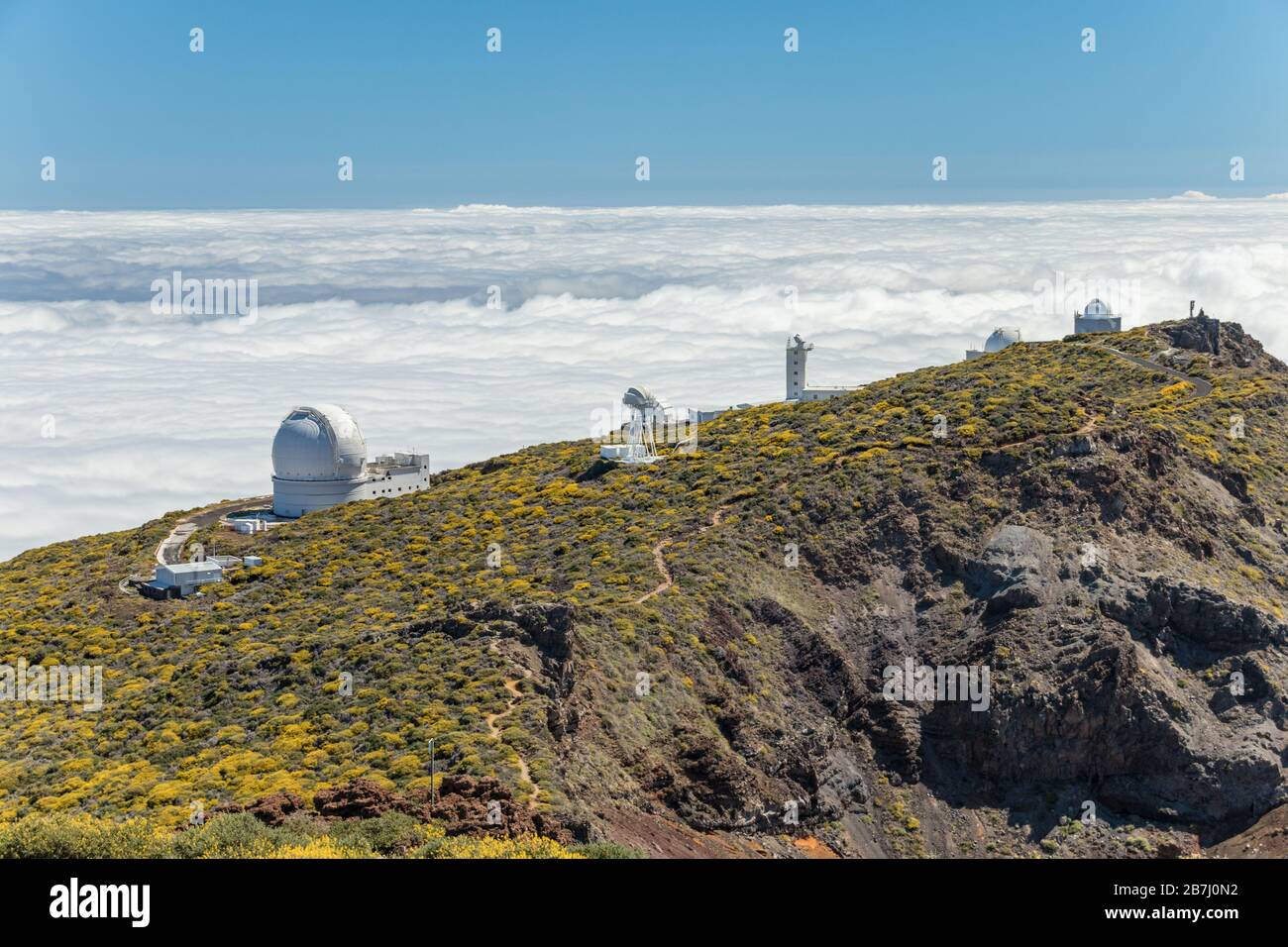 Roque de los Muchachos Observatory è un osservatorio astronomico situato nell'isola di la Palma, nelle Isole Canarie. Osservatorio di Caldera De T. Foto Stock