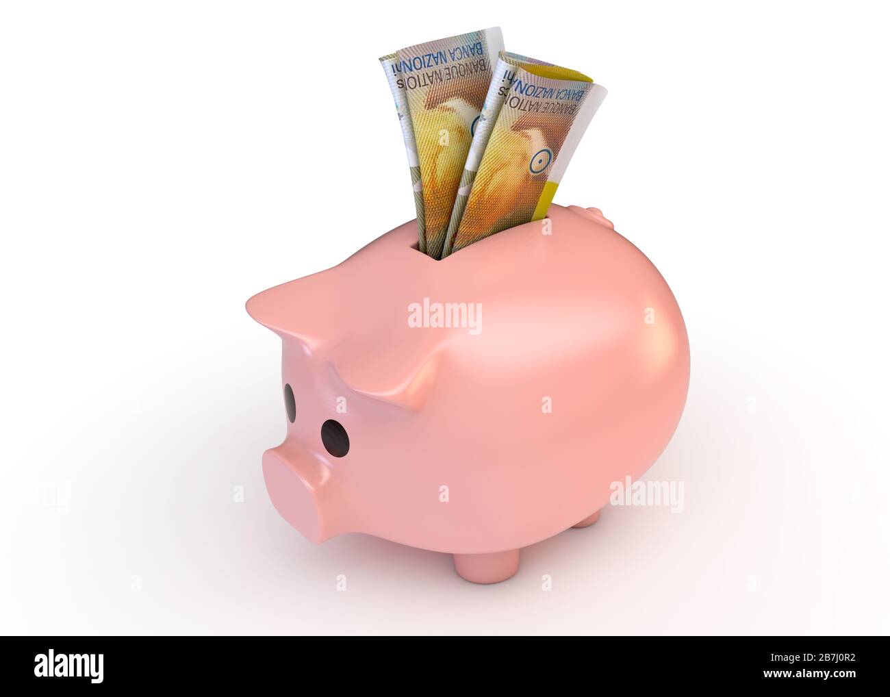 Una banca rosa piggy con una coppia arrotolata di banconote in franco svizzero inserite in esso su un isolato sfondo bianco studio - 3D render Foto Stock