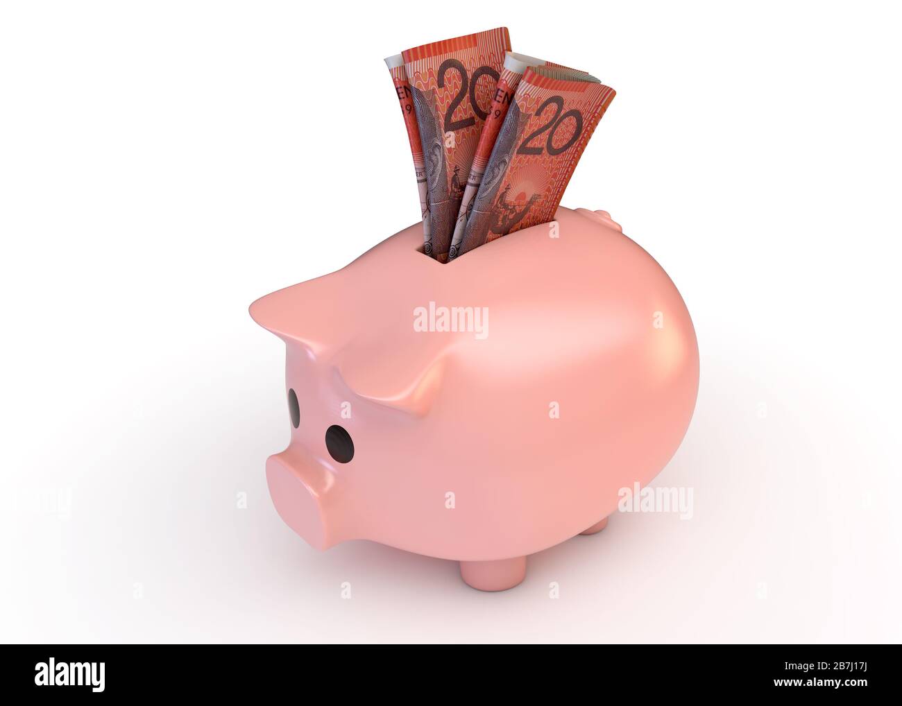 Una banca rosa piggy con un arrotolato paio di note della banca del dollaro australiano inserite in esso su uno sfondo bianco isolato studio - 3D render Foto Stock
