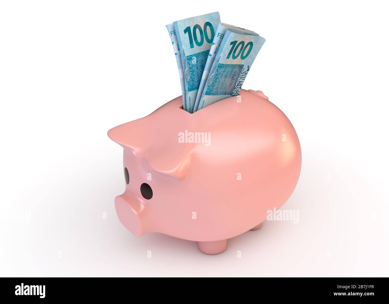 Una banca rosa piggy con un arrotolato paio di banconote reali brasiliane inserite in esso su un isolato sfondo bianco studio - 3D render Foto Stock