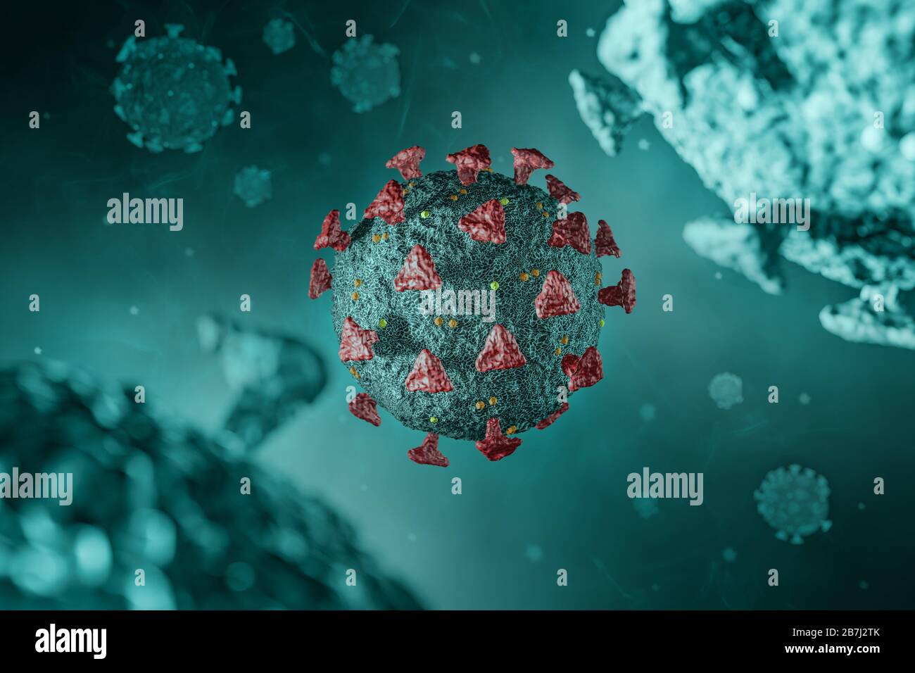 Illustrazione medica dettagliata modellata al computer del nuovo coronavirus 2019-nCoV covid-19. Concetto di protezione da pandemia virale. Microbiologia primo piano scen Foto Stock